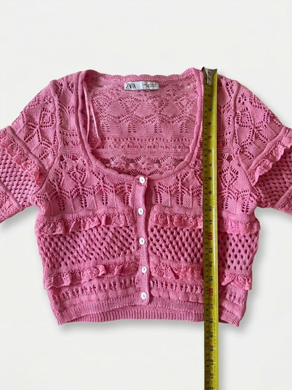 Zara Pink Crochet Ruffle Knit Cardigan Crop Top Short Sleeve Size Small - Picture 8 of 10